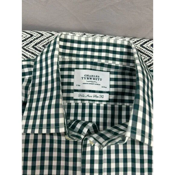 Charles Tyrwhitt Green & White Gingham Non-Iron Slim Fit Dress Shirt Size 17.5/3 - Picture 4 of 6